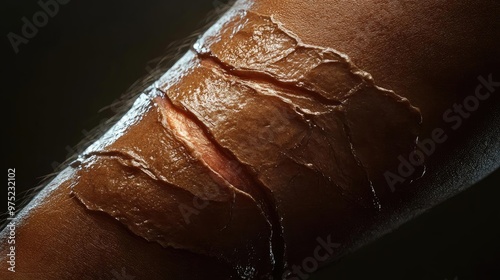 Close-up of a scarred skin surface highlighting texture and healing process with dramatic lighting.