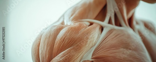 Close-up view of human muscle anatomy highlighting details of the shoulder and arm muscles for educational or fitness purposes.