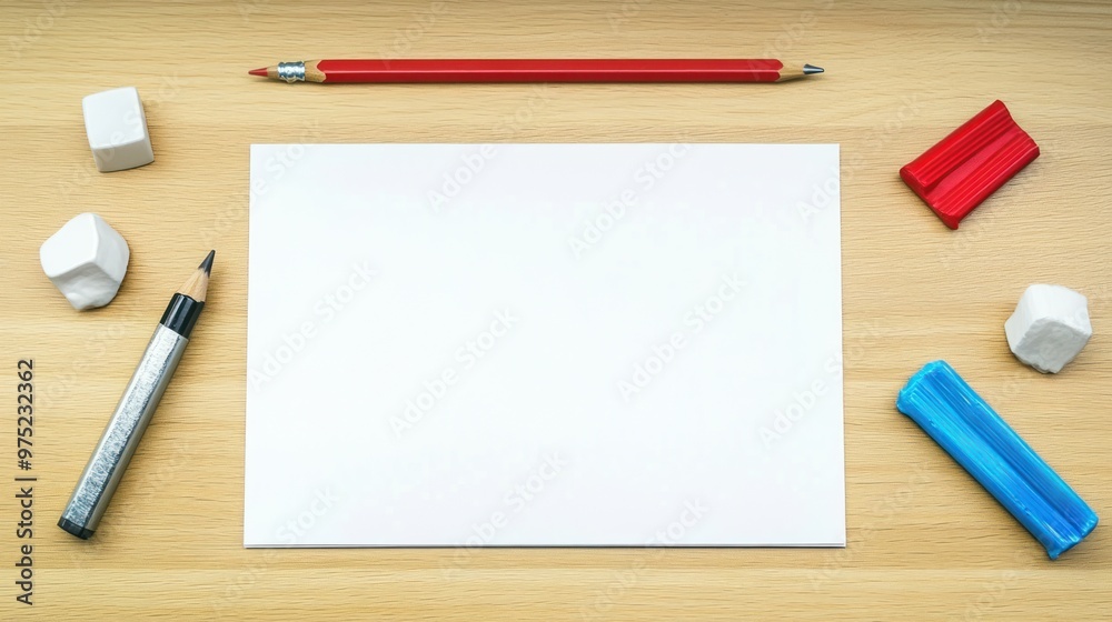A blank sheet of paper surrounded by drawing tools for creative work.