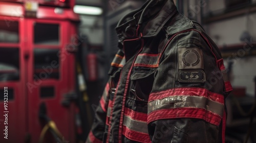 Close up of a Firefighter s Protective Uniform with Red and Black Tactical Gear and Equipment