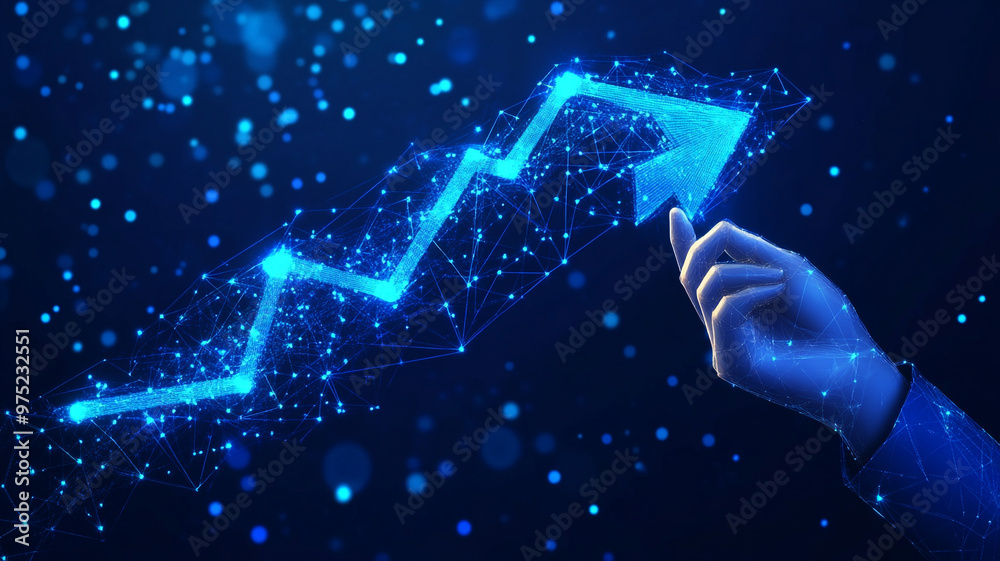 Illustration of a hand reaching towards a glowing upward arrow representing growth and progress Illustration of a hand reaching towards a glowing upward arrow representing growth and progress