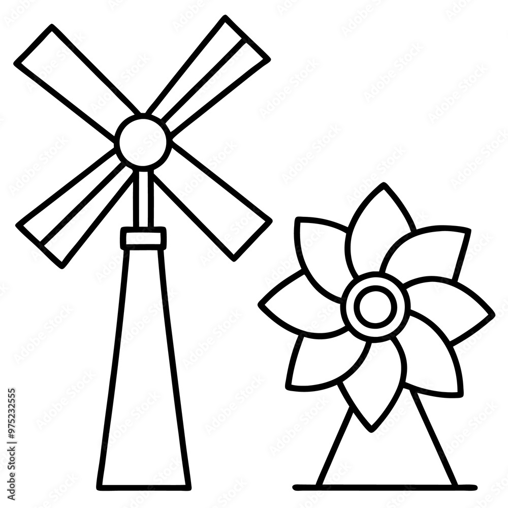 windmill and flower outline coloring book page line art drawing windmill and flower outline coloring book page line art drawing