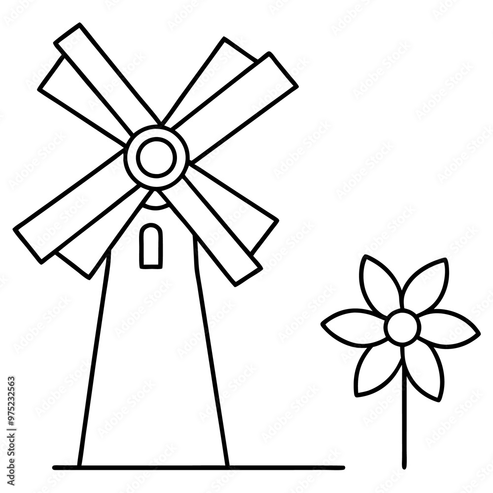 windmill and flower outline coloring book page line art drawing windmill and flower outline coloring book page line art drawing