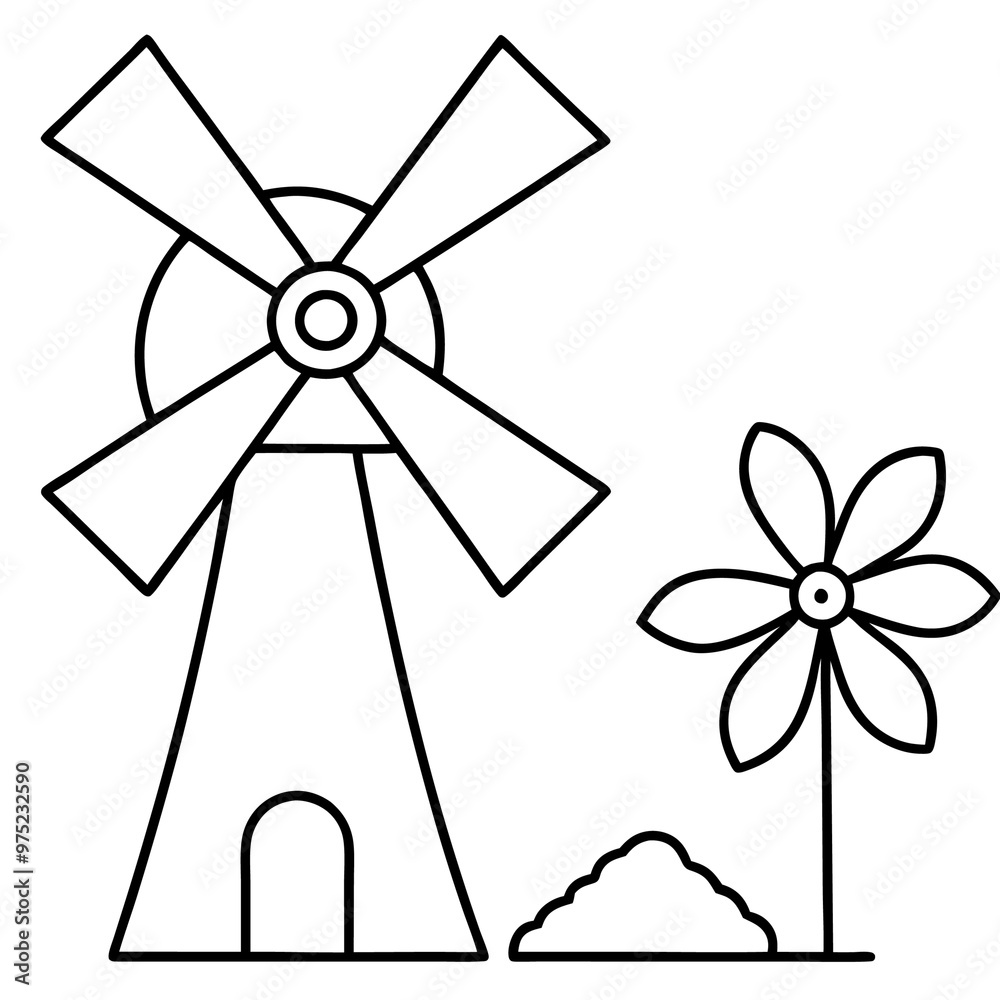 windmill and flower outline coloring book page line art drawing windmill and flower outline coloring book page line art drawing