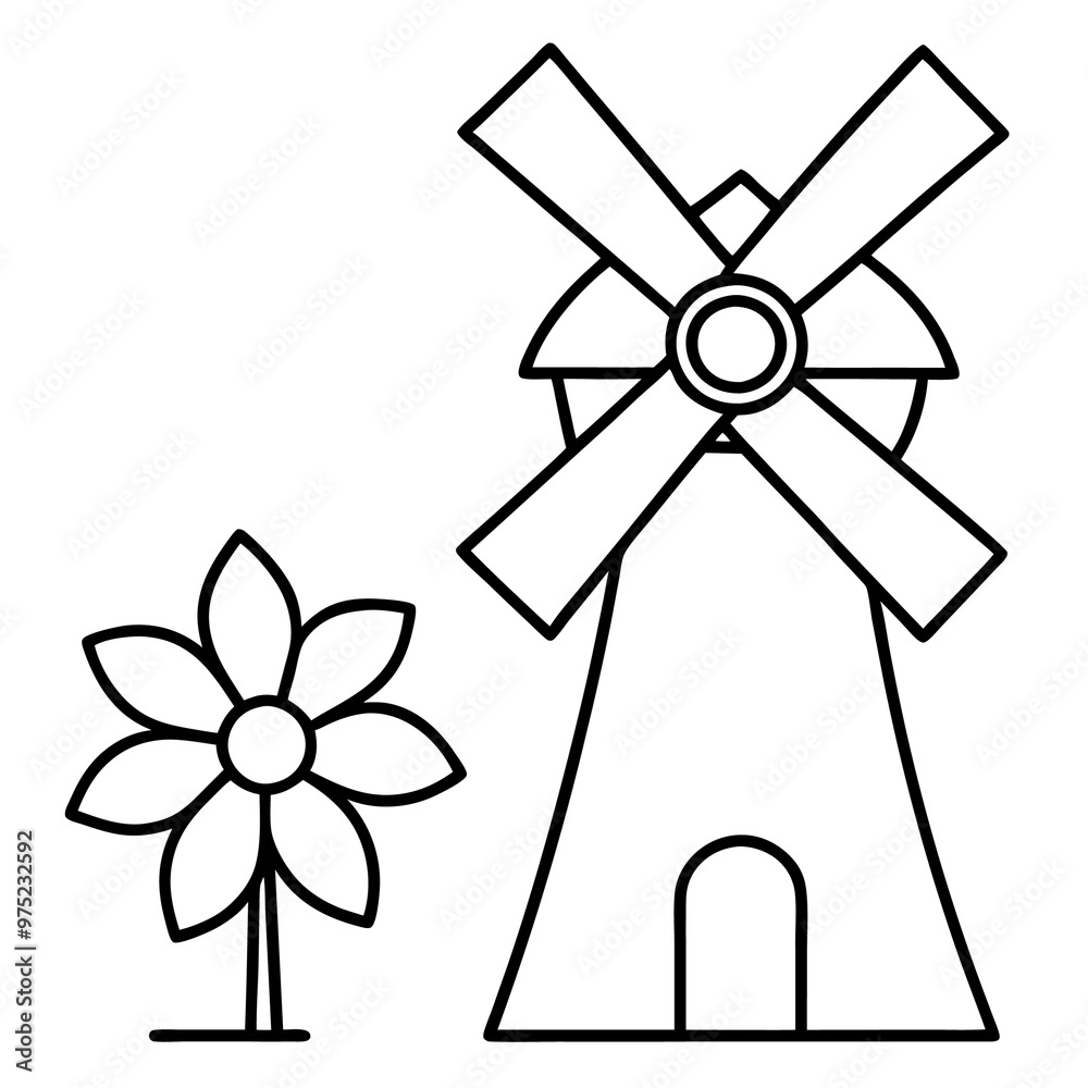 windmill and flower outline coloring book page line art drawing windmill and flower outline coloring book page line art drawing