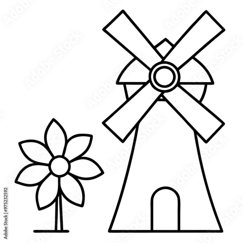 windmill and flower outline coloring book page line art drawing