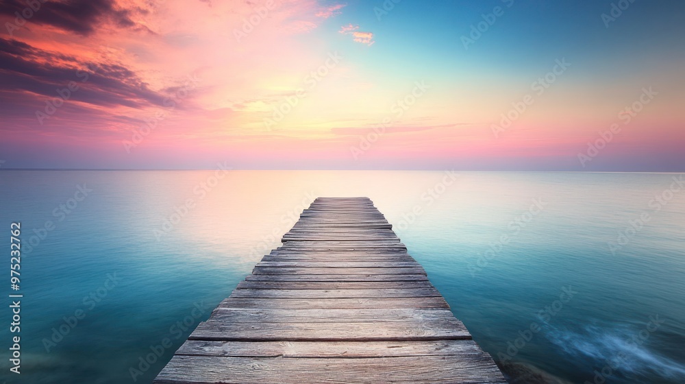 Fototapeta premium A serene wooden pier extending into a calm sea under a colorful sunset sky.