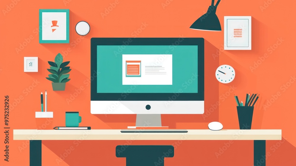 A modern workspace featuring a computer, desk, and decorative elements. A modern workspace featuring a computer, desk, and decorative elements.