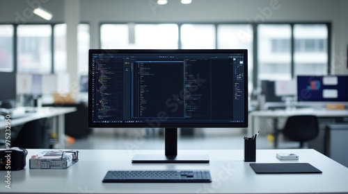 A modern workspace featuring a computer with coding on the screen.