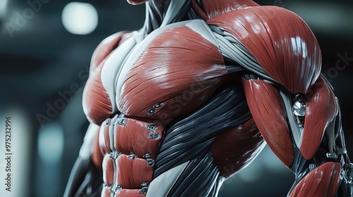 Detailed anatomical model showcasing human muscle structure and texture in vibrant colors, ideal for educational and artistic purposes.