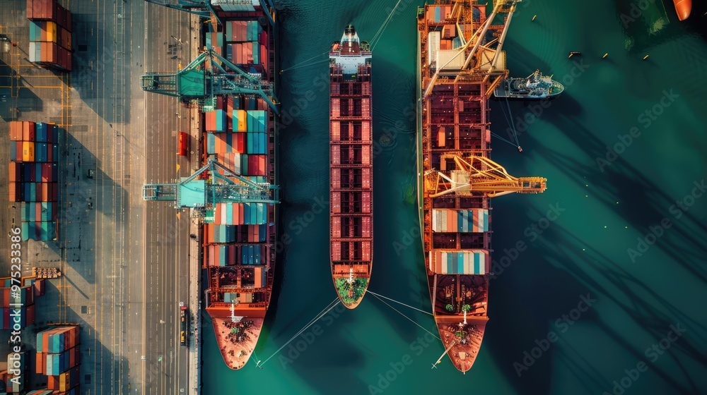 Autonomous cargo ships docked at a smart port, futuristic shipping, hyperrealistic raw photo, panoramic Nikon D6 shot, highlighting innovation in technology Autonomous cargo ships docked at a smart port, futuristic shipping, hyperrealistic raw photo, panoramic Nikon D6 shot, highlighting innovation in technology
