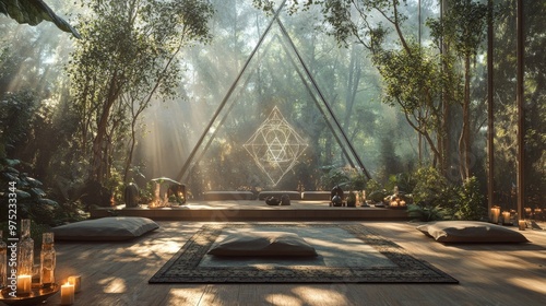 A tranquil space where mystic rituals are performed, surrounded by nature and sacred geometry, photo