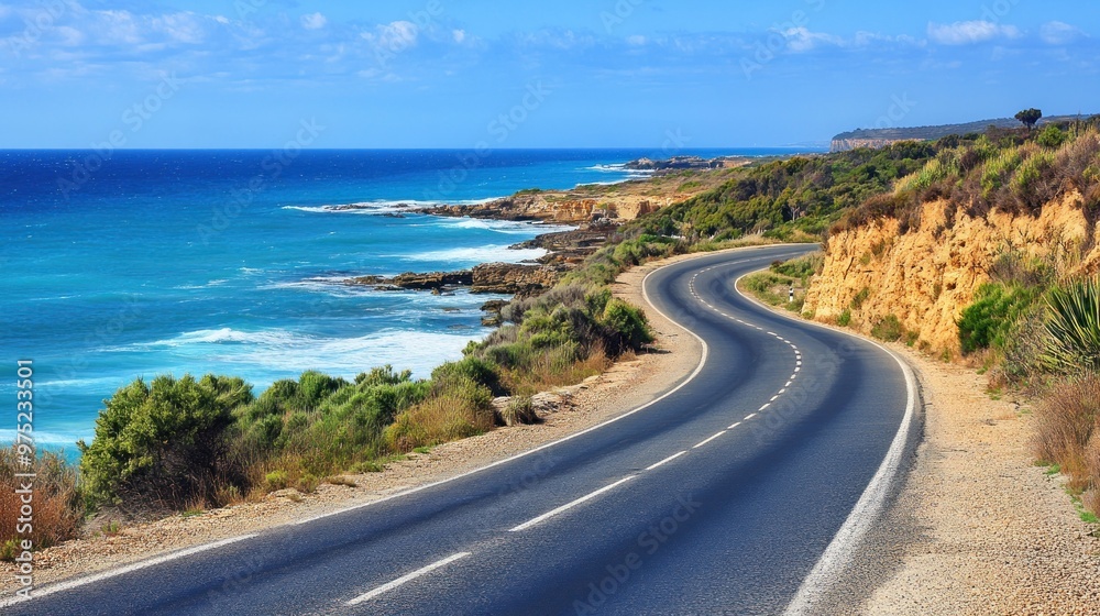A winding coastal road alongside the ocean with cliffs and greenery. A winding coastal road alongside the ocean with cliffs and greenery.