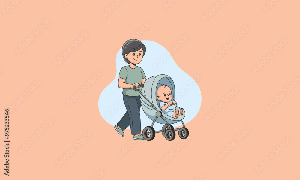 Happy mother pushing a baby in a stroller, sharing a joyful moment. Happy mother pushing a baby in a stroller, sharing a joyful moment.
