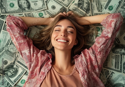 Woman Relaxes Amidst Scattered Cash. photo