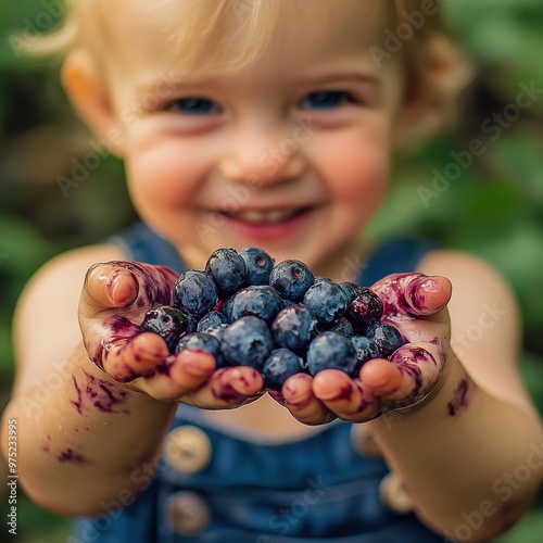 Smiling Child Holding Fresh Blueberries With Juicy Berries Smushed On Fingers. photo