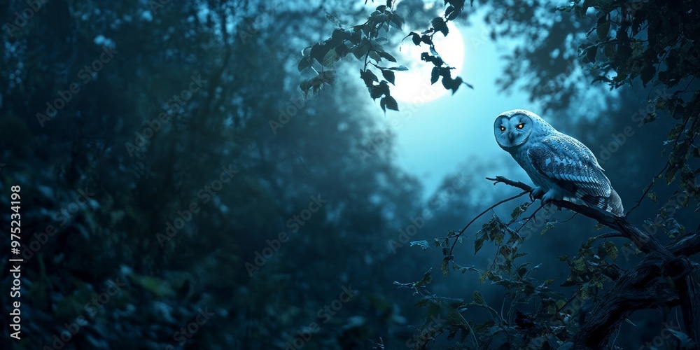 Naklejka premium Moonlit Forest with a Wise Owl Perched on Branch