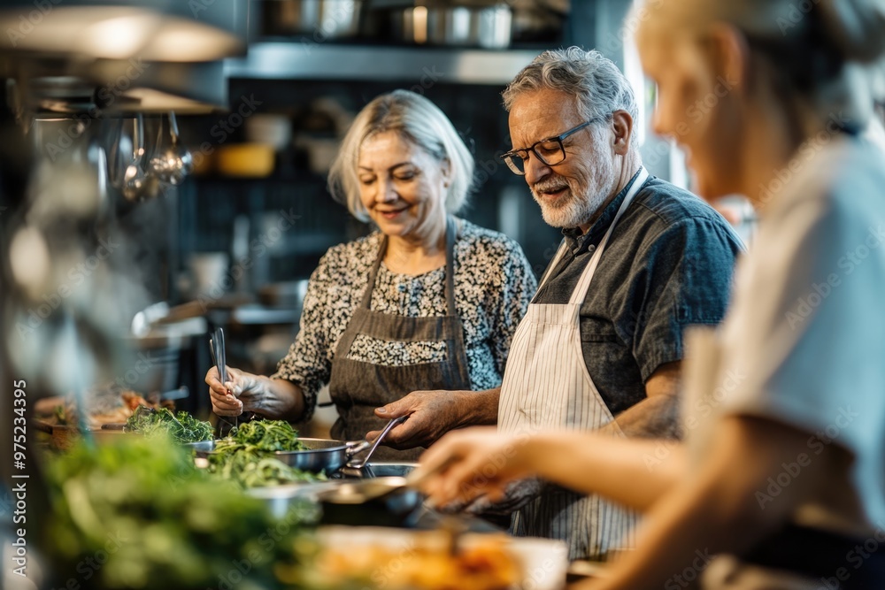 Middle-aged women and men in a cooking workshop, sharing tips and tricks as they prepare a meal together Middle-aged women and men in a cooking workshop, sharing tips and tricks as they prepare a meal together