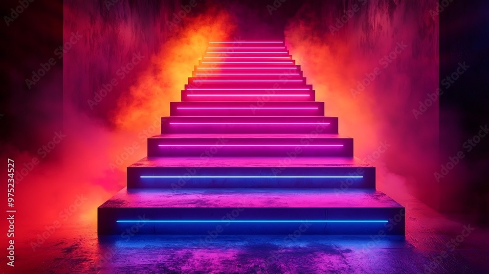 Neon steps glow mysteriously, surrounded by smoke on a purple background. Neon steps glow mysteriously, surrounded by smoke on a purple background.