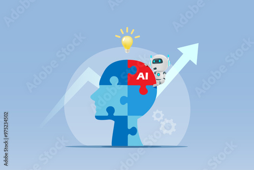 Implement of AI technology in business process develop smart solution and success development. AI jigsaw puzzle piece connecting in human head with growth graph and creative lightbulb. Vector. 