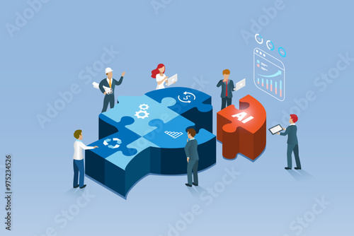 AI artificial intelligence in business collaboration team. Work processes with AI to increase capacity for organization success and creative ideas.  Business team connect jigsaw puzzle pieces with AI.