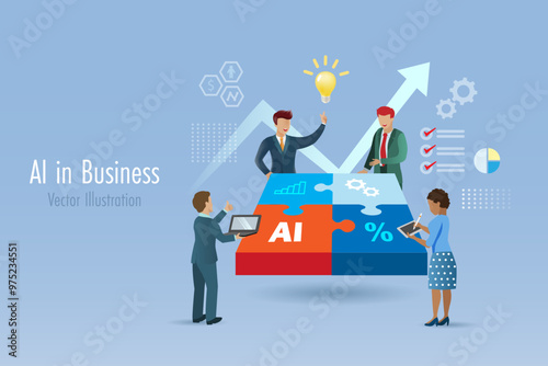 AI artificial intelligence in business collaboration. Work processes with AI to increase capacity for organization success and creative ideas.  Business team connect jigsaw puzzle pieces with AI.