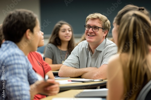 A small group of students actively engaging with their professor during a discussion-based class, showcasing the benefits of collaborative learning in higher education