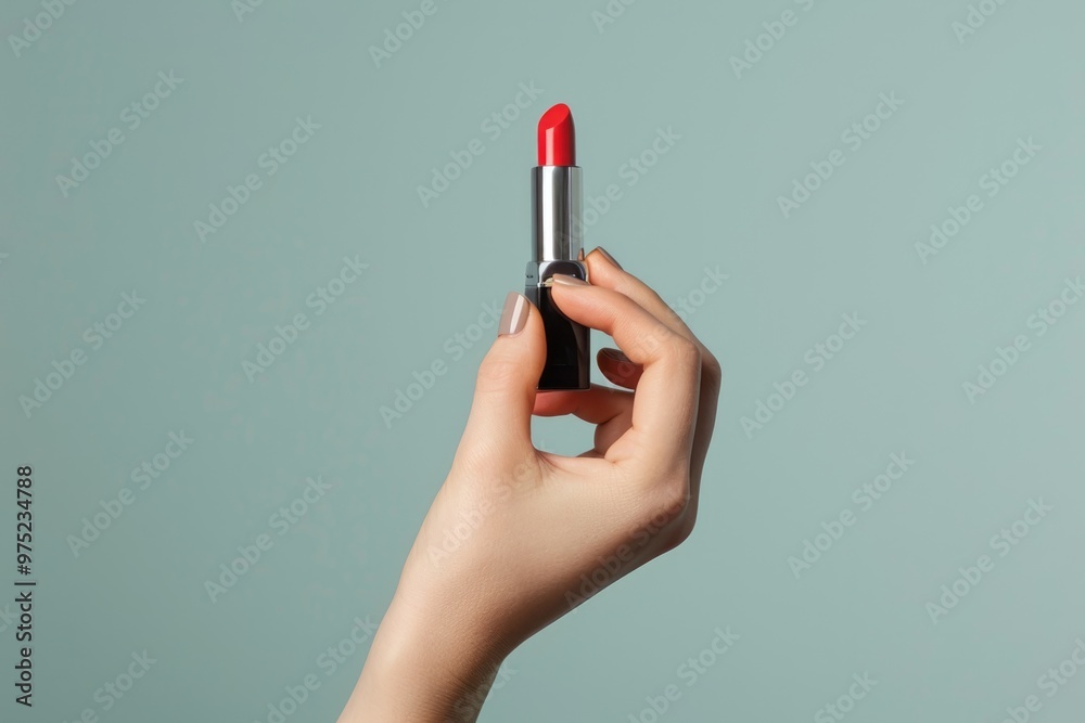 Close-up of a woman’s hand holding lipstick, focusing on the elegance and femininity of the gesture against a solid color background, with a cropped view Close-up of a woman’s hand holding lipstick, focusing on the elegance and femininity of the gesture against a solid color background, with a cropped view