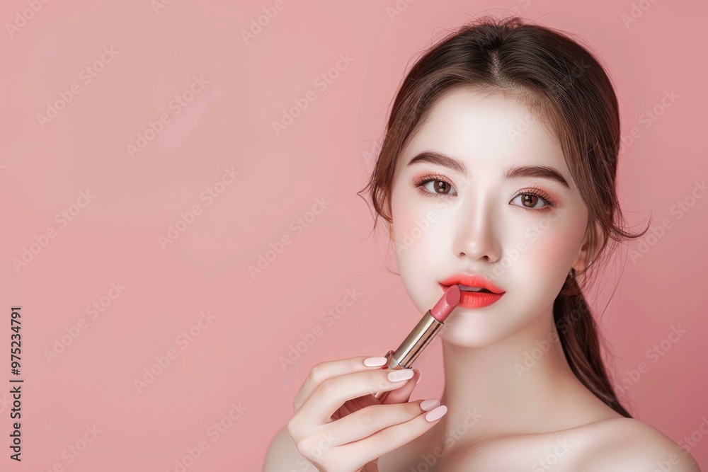 An elegant woman holding lipstick, cropped to highlight her delicate fingers and feminine poise against a simple solid color background, blending beauty and style An elegant woman holding lipstick, cropped to highlight her delicate fingers and feminine poise against a simple solid color background, blending beauty and style