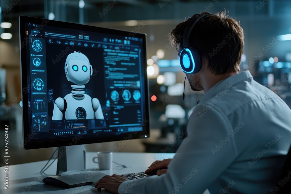 A professional oversees an AI chatbot interface on a computer screen, ensuring the accuracy and effectiveness of the system's automated responses A professional oversees an AI chatbot interface on a computer screen, ensuring the accuracy and effectiveness of the system's automated responses