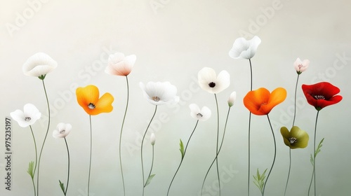 Vibrant Floral Arrangement in Various Shades of White, Orange, and Red on a Plain Background. photo