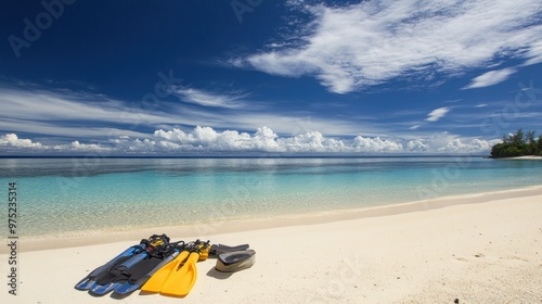 A serene beach scene with snorkeling gear on the sand and clear waters under a blue sky.