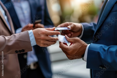 Business professionals exchanging business cards and contact details