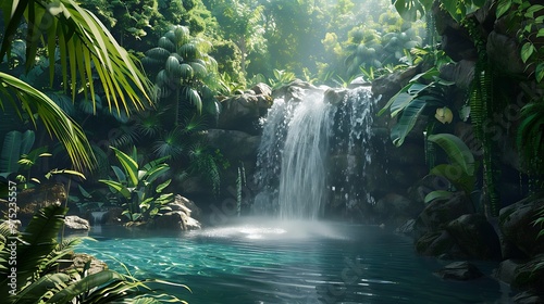 Tranquil waterfall flows into a rocky pool against a backdrop of lush green trees in a tropical forest for a natural outdoor beauty concept. photo