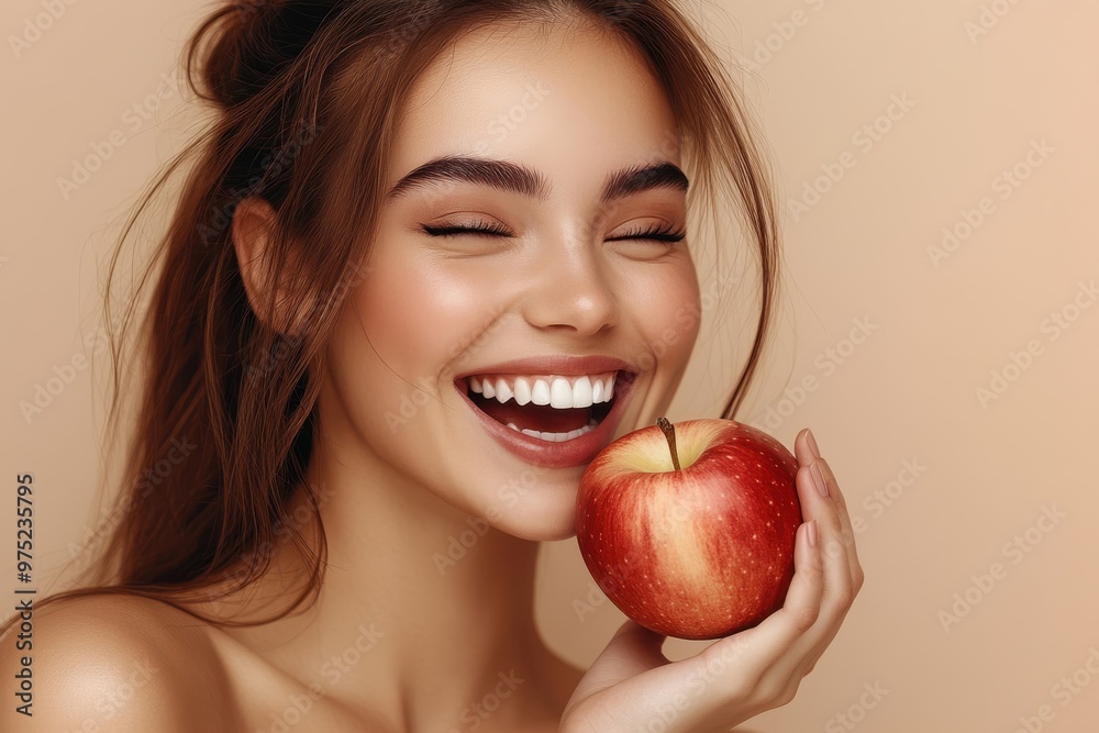 Young Woman Enjoying Healthy Snack with Apple. Young Woman Enjoying Healthy Snack with Apple.