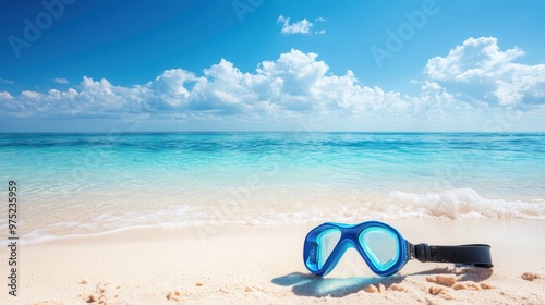 A snorkeling mask rests on a sandy beach with a clear blue ocean and sky in the background.