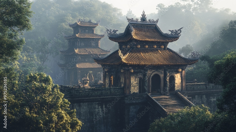 Ancient Vietnamese temple complex with intricate architecture and serene atmosphere Ancient Vietnamese temple complex with intricate architecture and serene atmosphere