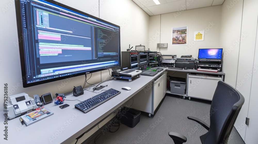 A modern office workspace with computers and equipment for technical tasks.