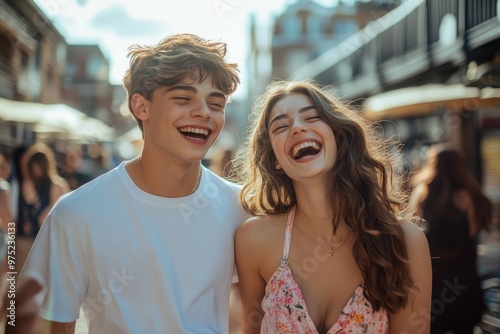 High-resolution brightly lit photorealistic candid photograph of a young couple laughing together as they stroll through a bustling urban area, their fashionable outfits and joyful expressions