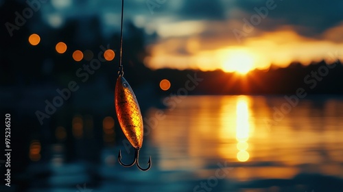 A fishing lure hangs above a tranquil lake at sunset, capturing the essence of leisure fishing.