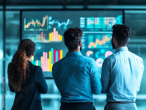 Group of professionals standing around a digital whiteboard filled with colorful charts and concepts, business collaboration, creative brainstorming photo