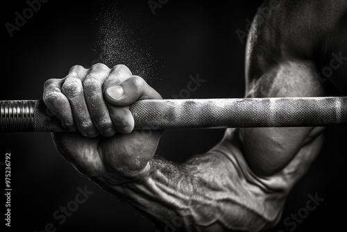 Close up of a muscular hand gripping a weightlifting bar covered in chalk showcasing strength fitness and determination ideal for sports and fitness themes. photo