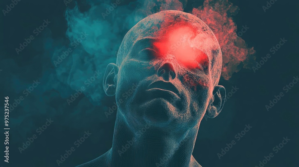 A surreal portrayal of a human head with a glowing red light, symbolizing thought, awareness, and creative energy amidst colorful smoke. A surreal portrayal of a human head with a glowing red light, symbolizing thought, awareness, and creative energy amidst colorful smoke.
