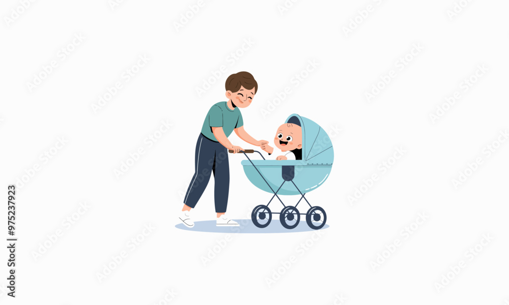 Happy mother pushing a baby in a stroller, sharing a joyful moment.