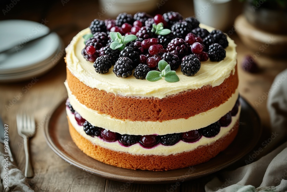 Blueberry Layered Cake on Wooden Surface with Decorative Pots. Blueberry Layered Cake on Wooden Surface with Decorative Pots.