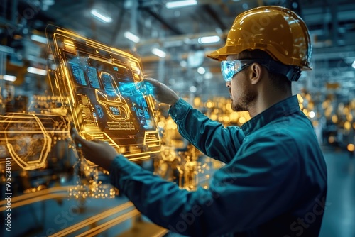 Very realistic and photographic photo of an engineer analyzing data on a holographic display in a futuristic electric vehicle manufacturing facility. The metallic gold and deep blue tones are