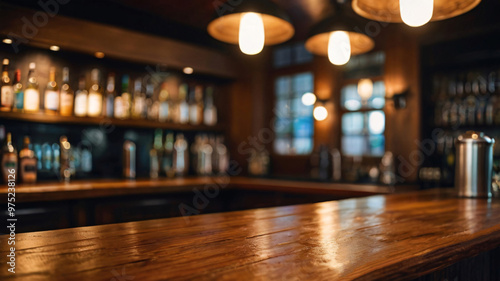 Close up shot of an empty wooden counter table for product display in a pub or bar with copy space. blurry background, advertising concept.