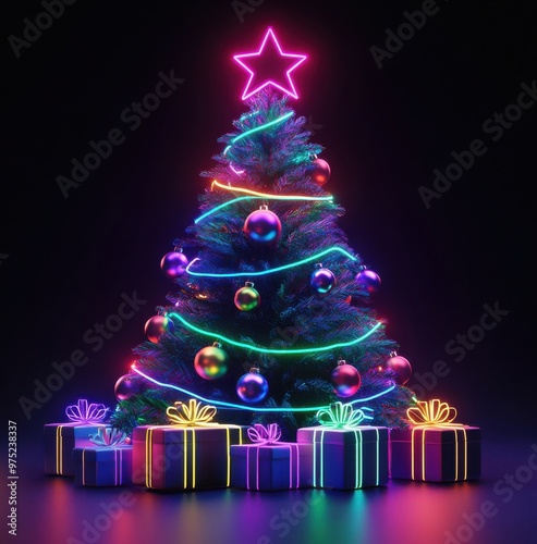 Vibrant Christmas Tree with Neon Lights and Colorful Gifts
