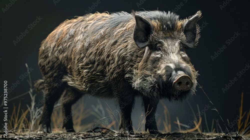 A large, rugged wild boar striding towards a camera during the night. A large, rugged wild boar striding towards a camera during the night.