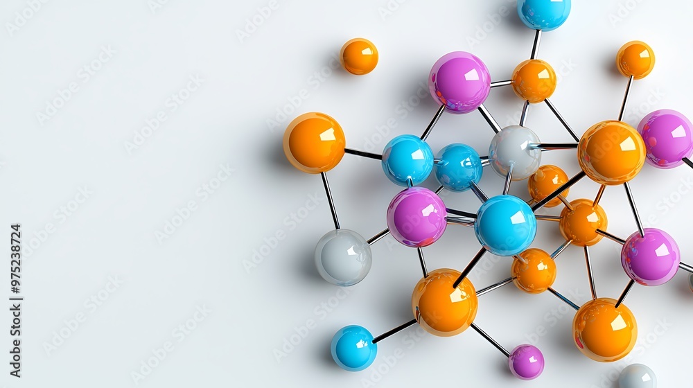 Obraz premium Colorful spheres connected by metallic bonds create a captivating molecular structure.